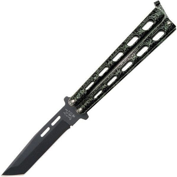 Bear & Son 115TAN Butterfly Knife 4" Black 1095HC Tanto Blade Silver Vein Zinc Handle BC115TAN