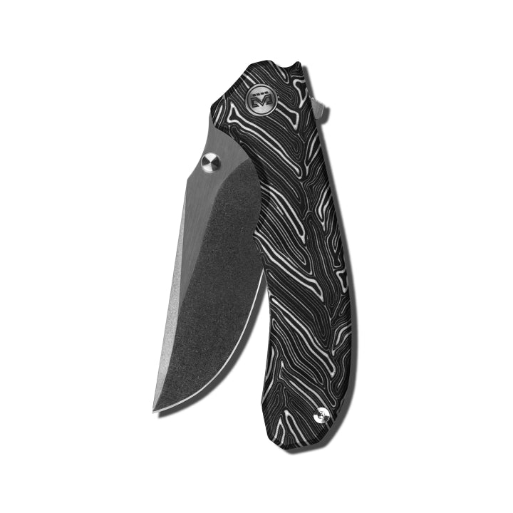 Miguron Centurion 3.5" 14C28N Stonewash & Satin Flipper Knife Black Damascus G10 MGR-812DBK