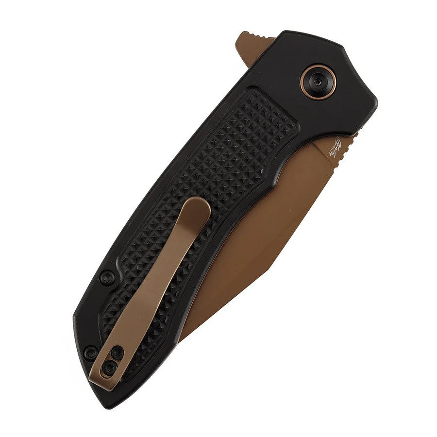 Tenable Knives Entity Button Lock Knife Black Checkered Aluminum Handle (3.5" Rose Gold Blade) B1036F1
