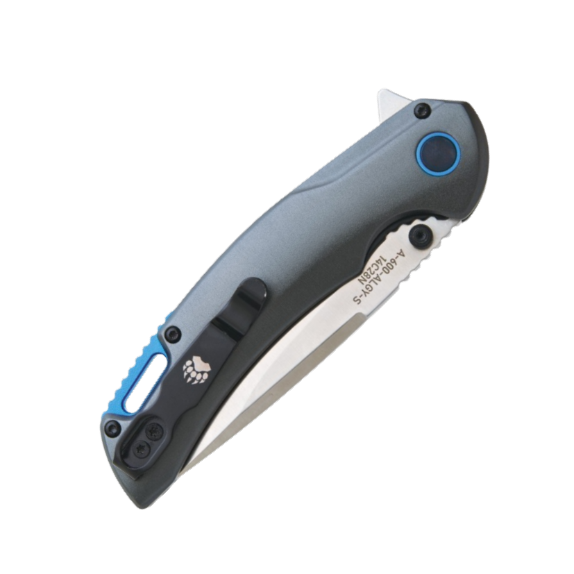 Bear & Son Load Out™ I Gray & Blue Aluminum Handle Drop Point Blade Assisted Opener-600-ALGY-S