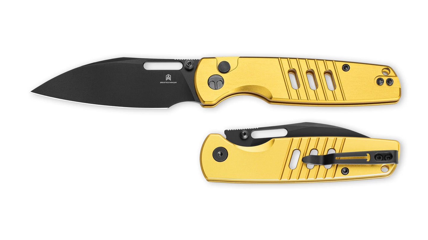 Bestechman Vector BMK15E – Bead-Blast D2 Blade Gold Aluminum Handle Button Lock