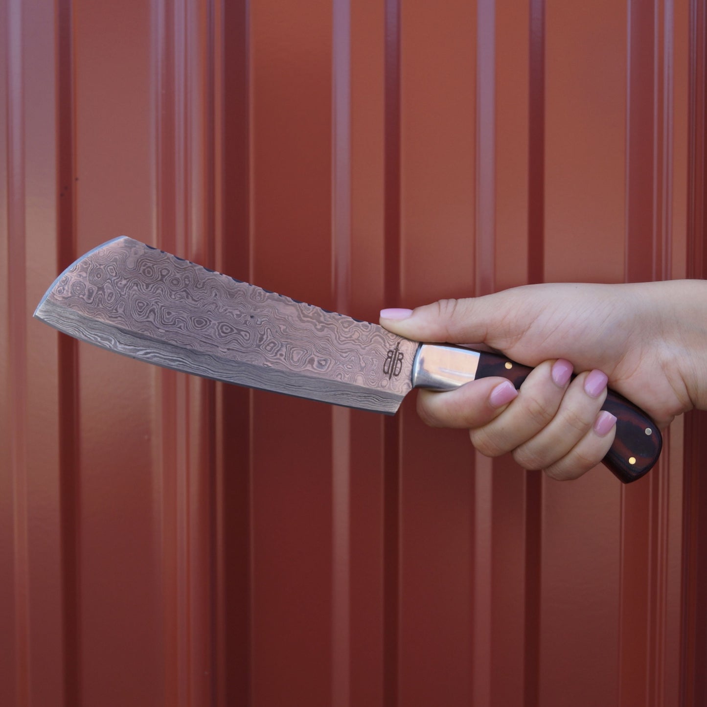 BnB Knives Big Kitchen Utility Knife (Butcher) – Damascus Steel / Red-Black G10 bnb24104