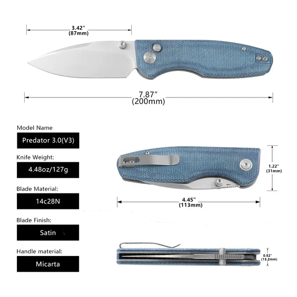 CMB Predator V3 CMB-19D – Satin Blade Button Lock Folding Knife with Micarta Handle