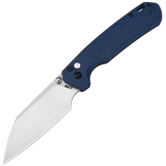 CJRB Cutlery Pyrite-Light Button Lock Folding Knife 3.34" AR-RPM9 Stonewashed Wharncliffe Blade, Blue FRN Handles - J1945-BU