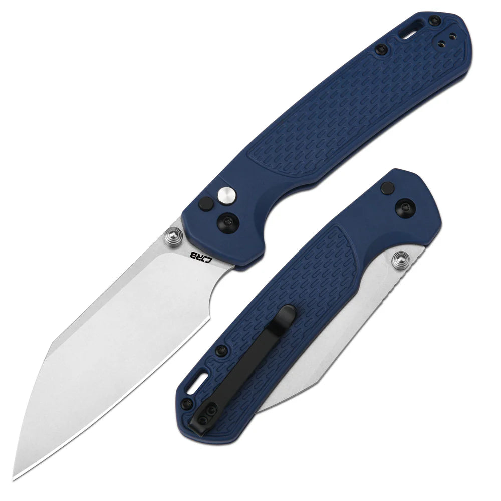 CJRB Cutlery Pyrite-Light Button Lock Folding Knife 3.34" AR-RPM9 Stonewashed Wharncliffe Blade, Blue FRN Handles - J1945-BU