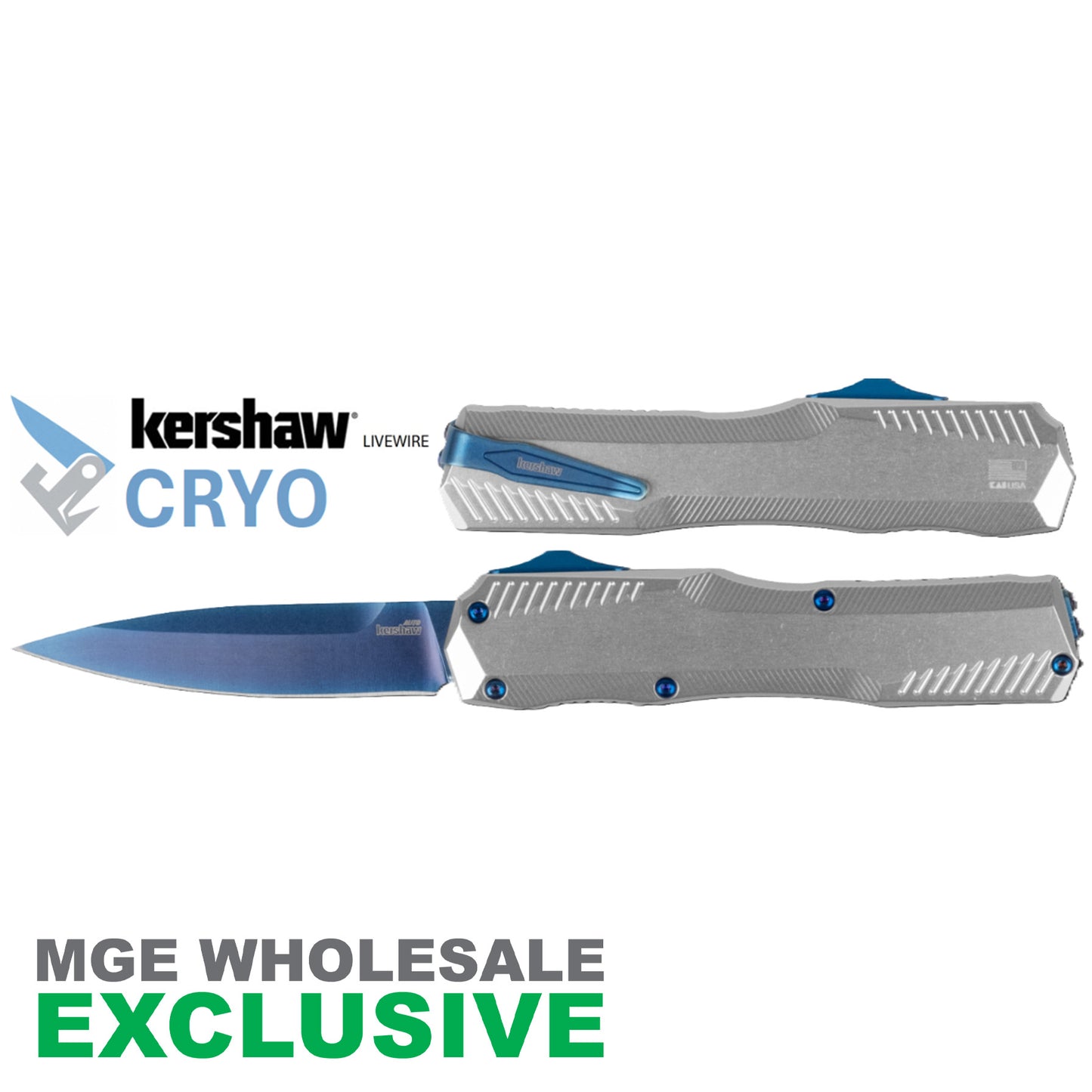 Kershaw Livewire Cryo OTF Automatic Knife Raw Aluminum w/ Blue Blade 9000RAWBLU