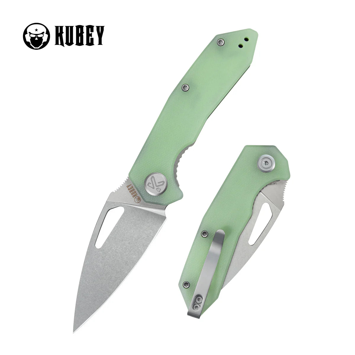 Kubey Coeus Liner Lock Thumb Open Jade G10 Handle  3.11" Stonewash 14C28N KU122V