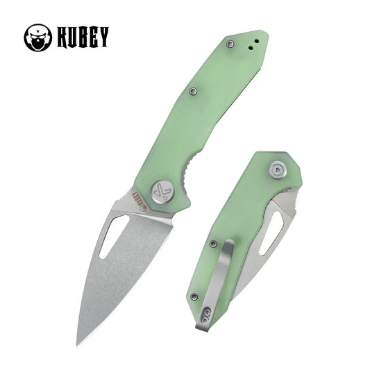 Kubey Coeus Liner Lock Thumb Open Jade G10 Handle  3.11" Stonewash 14C28N KU122V