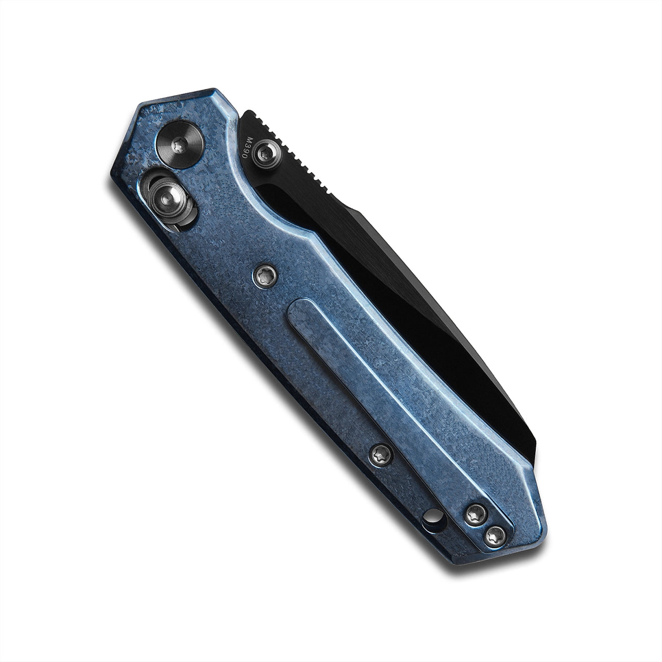 Miguron Vatso Cross-Bar Lock Folding Knife 2.99" M390 Satin & DLC Blade Blue Crystal Titanium Handle | MGR631ABJBU