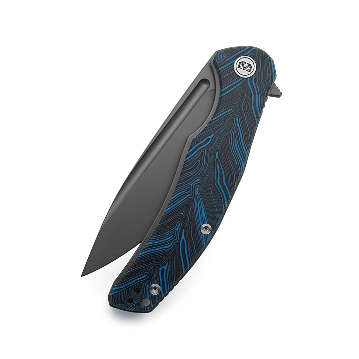 Miguron Velona 4.03" 14C28N Dark Gray PVD Flipper Knife Blue Damascus G10 MGR-8003DBUII