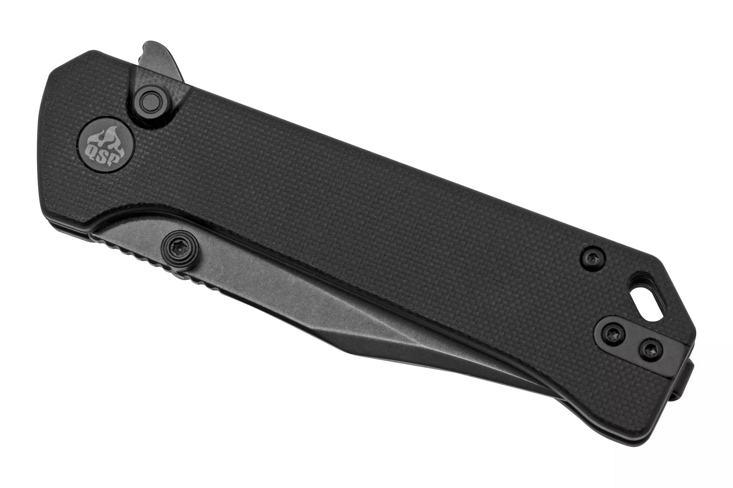 QSP Grebe Button Lock Knife Black G-10 3.25" Black Stonewash Blade QS147-C2
