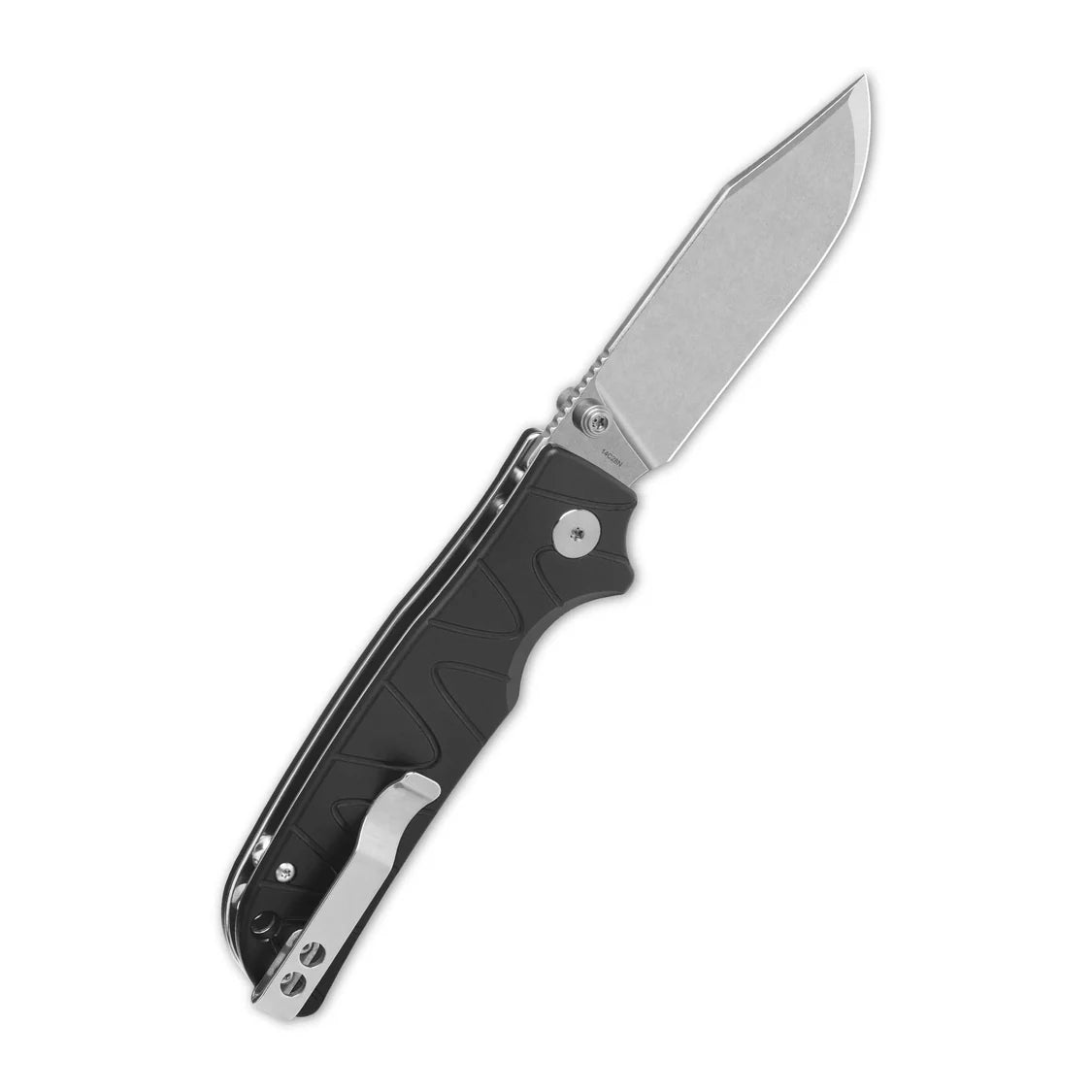 QSP Kali Button Lock Knife 3.25" 14C28N Stonewashed Blade, Black Aluminum  QS159-F1