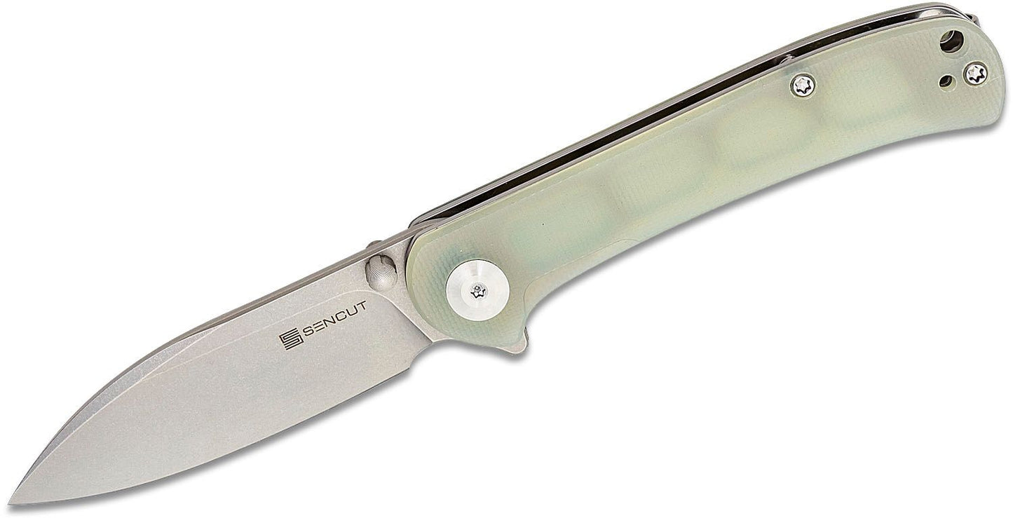 Sencut Knives SA03C Scepter Flipper Knife 2.97" Stonewashed Drop Point Blade, Natural (Jade) G10 Handles, Liner Lock