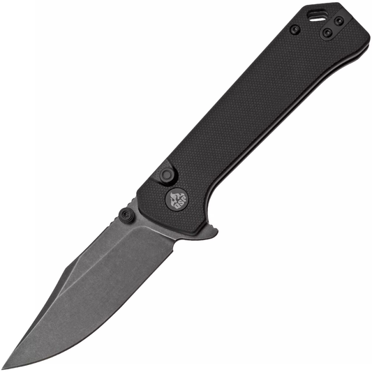 QSP Grebe Button Lock Knife Black G-10 3.25" Black Stonewash Blade QS147-C2