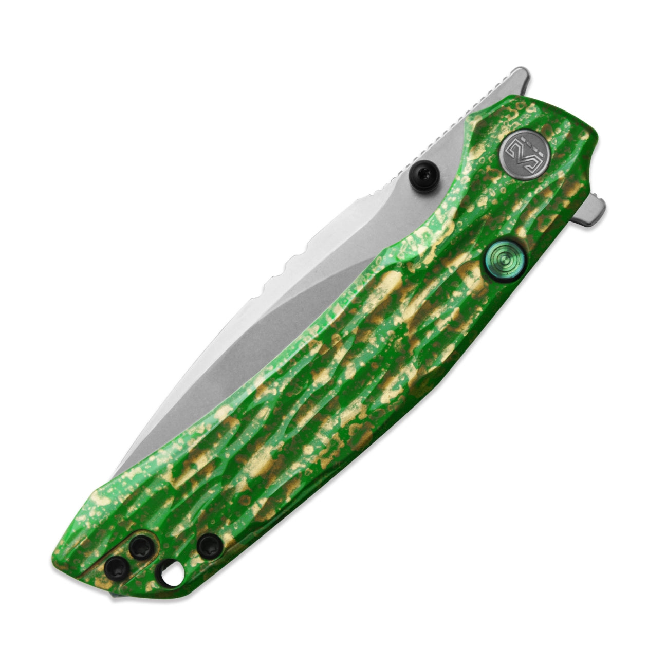 Miguron Celora Button Liner Lock Folding Knife MGR831GN 3.3" 19C27 Pearlescent Stonewash Drop Point Blade | Lacquer Craft Green Aluminum Handle | MGR831GN