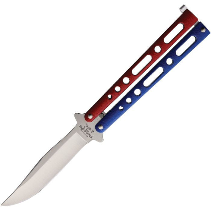 Bear & Son Butterfly Knife Red/Blue Zinc Handle 4" 440 Stainless Steel Blade BC117RWB