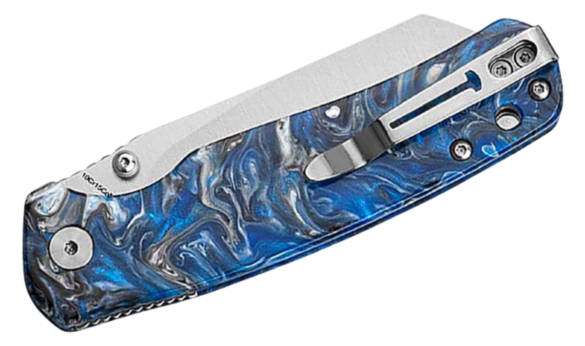 Bestechman Cicada's Wing Top Liner Lock Folding Knife | 3.15" Satin Reverse Tanto 10Cr15CoMoV Blade | Blue Resin Handle | BMK24-R-2