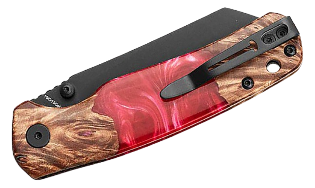 Bestechman Cicada's Wing Top Liner Lock Folding Knife | 3.15" Black PVD Reverse Tanto 10Cr15CoMoV Blade | Wood & Red Resin Handle | BMK24-W-1