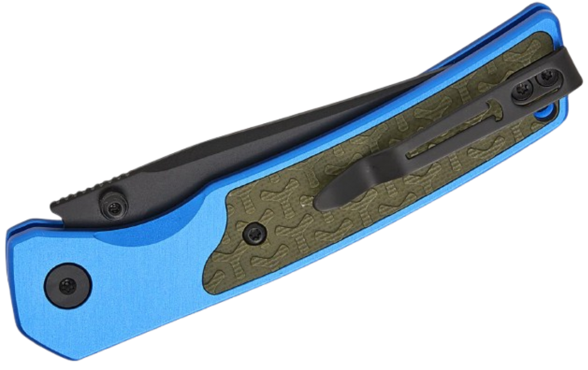 Bestechman Icebreaker Button Lock Folding Knife BMK16E 3.15" Black PVD D2 Clip Point Blade | Blue Aluminum & OD Green G10 | BMK16E