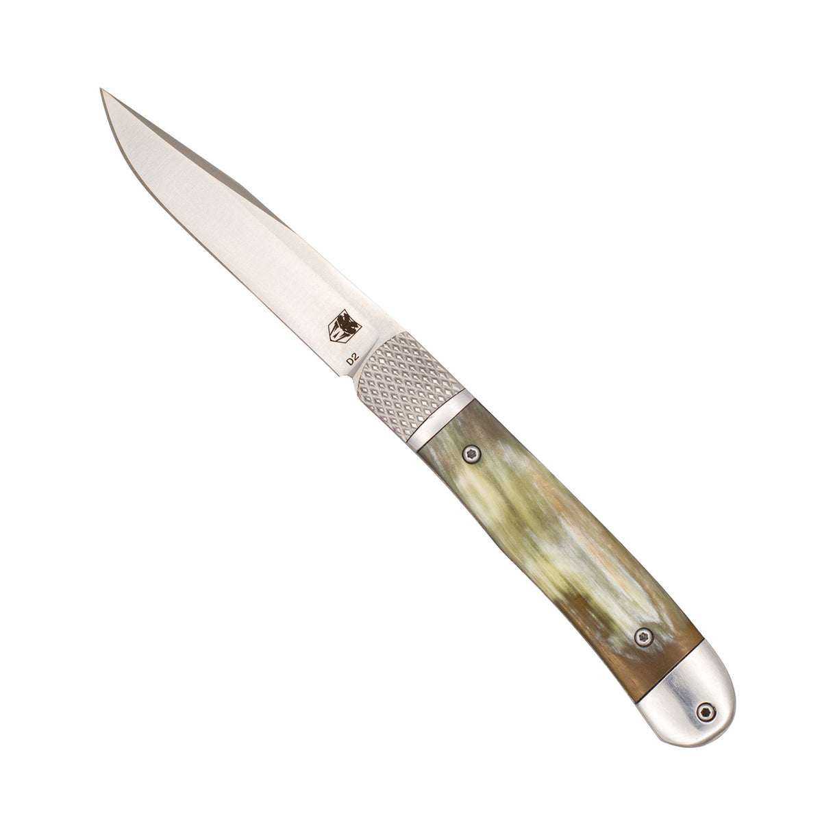 Cobratec Trapper Hidden Release Folding Knife Satin D2 Blade Polished Ram Horn Handle CTTHRGDH