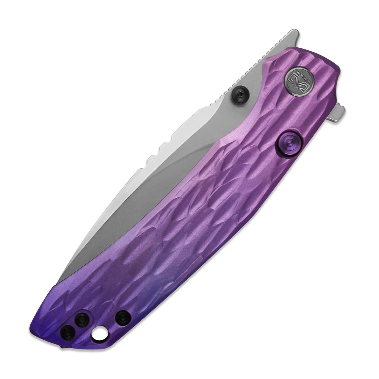 Miguron Celora Button Liner Lock Folding Knife  MGR831ANO 3.3" 19C27 Pearlescent Stonewash Drop Point Blade | Gradient Anodized Purple Aluminum Handle | MGR831ANO
