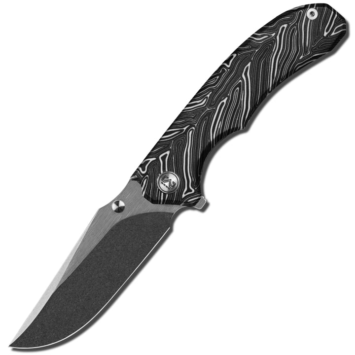Miguron Centurion 3.5" 14C28N Stonewash & Satin Flipper Knife Black Damascus G10 MGR-812DBK