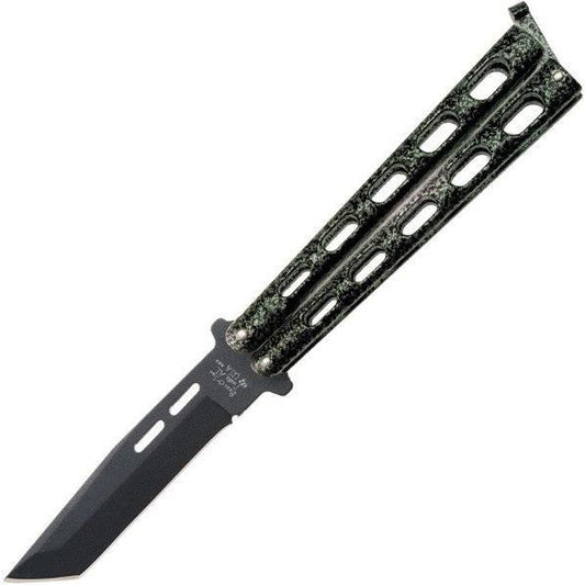 Bear & Son 115TAN Butterfly Knife 4" Black 1095HC Tanto Blade Silver Vein Zinc Handle BC115TAN