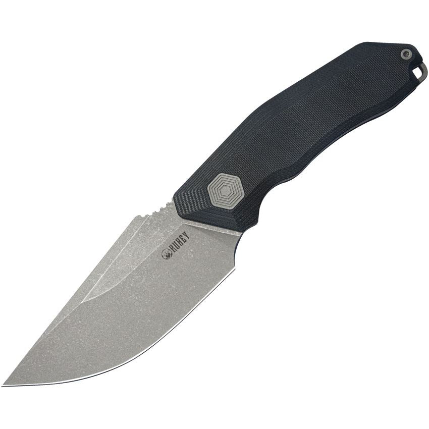 Kubey 381A Basilisk Drop Point 14C28N Stonewash Fixed Blade Knife Black G10
