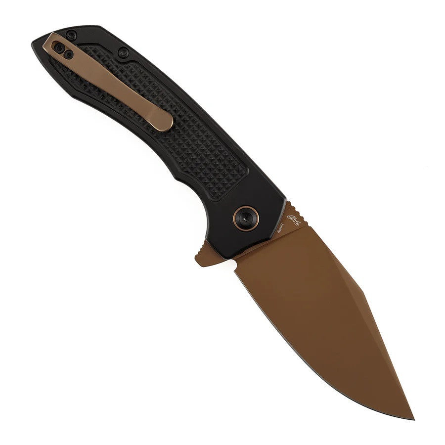 Tenable Knives Entity Button Lock Knife Black Checkered Aluminum Handle (3.5" Rose Gold Blade) B1036F1