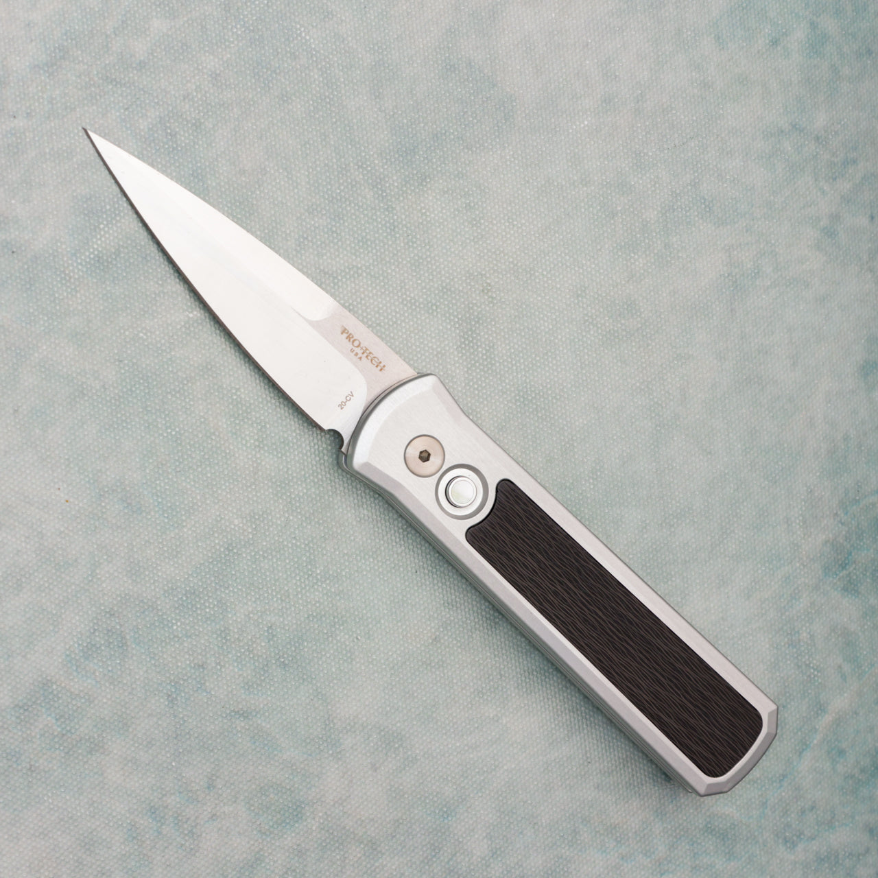 Pro-Tech Godson Automatic Knife Silver Aluminum w/ Crosscut Carbon Fiber (3.15" Satin) – 7210