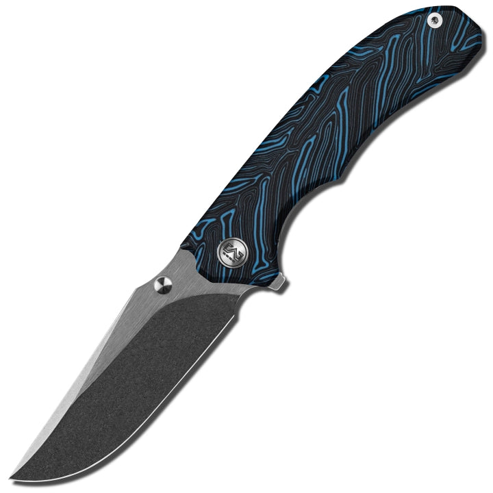 Miguron Centurion 3.5" 14C28N Stonewash & Satin Flipper Knife Blue Damascus G10 MGR-812DBU