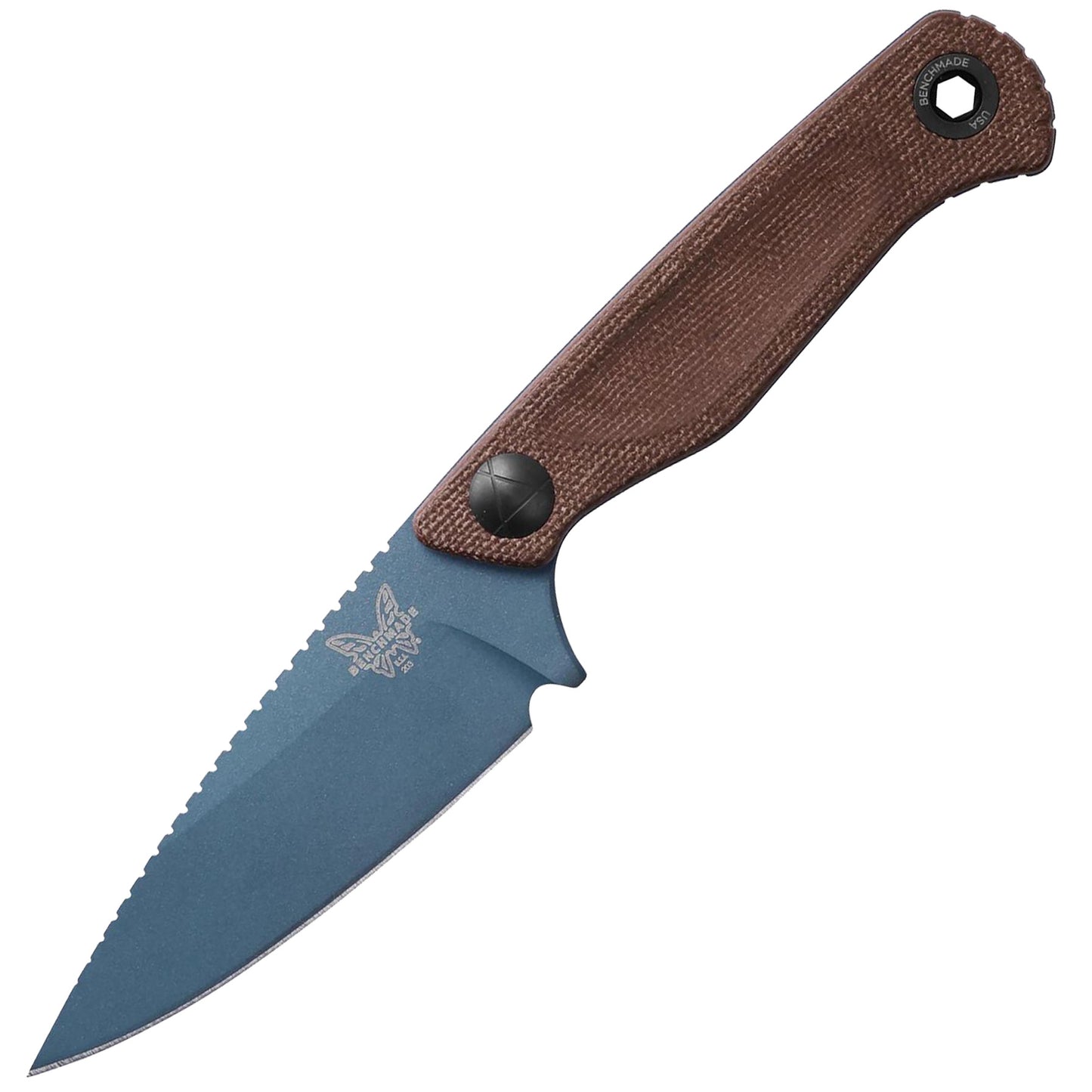 Benchmade Dacian Fixed Blade Knife – 3.54" Blue Cerakote Spear-Point Blade, Brown Canvas Micarta Handle, Black Leather Sheath | 203BT-03