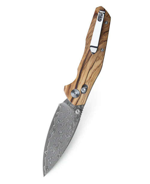 BESTECHMAN RONAN BMK02M: 3.26" Damascus Blade, Olivewood Scales, Folding Knife