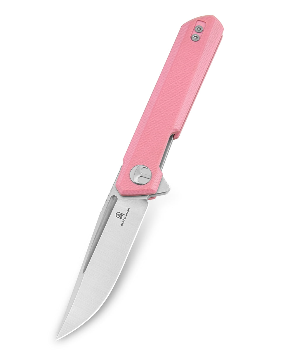 Bestechman Ostap Hel Mini Dundee Folding Knife | 2.92" D2 Satin Clip Point Blade | Pink G10 Handle | Liner Lock | BMK03B