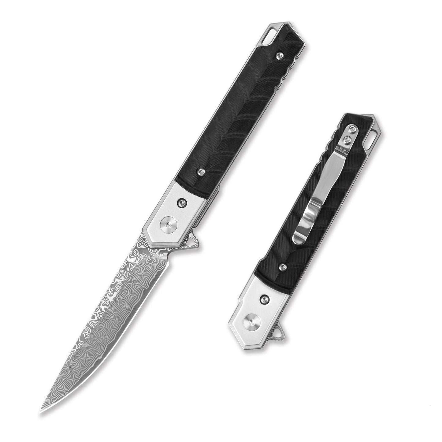 BnB Knives VG10 Damascus Flipper – Black G10 Handle  bnb42011B
