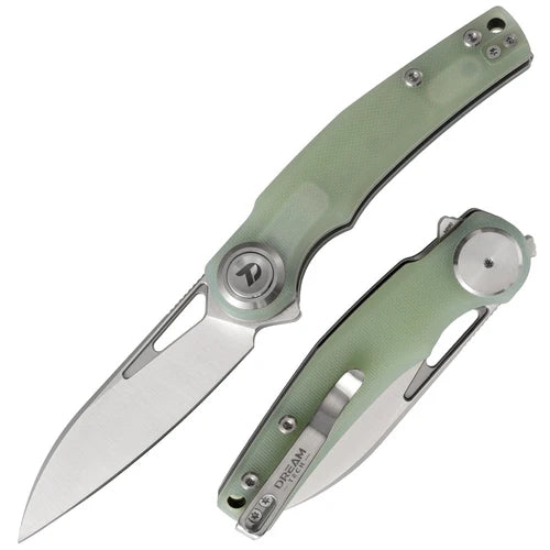 DreamTech D4130GJ D2 Folding Knife 3.15" Green G10 Button Lock D4130GJ
