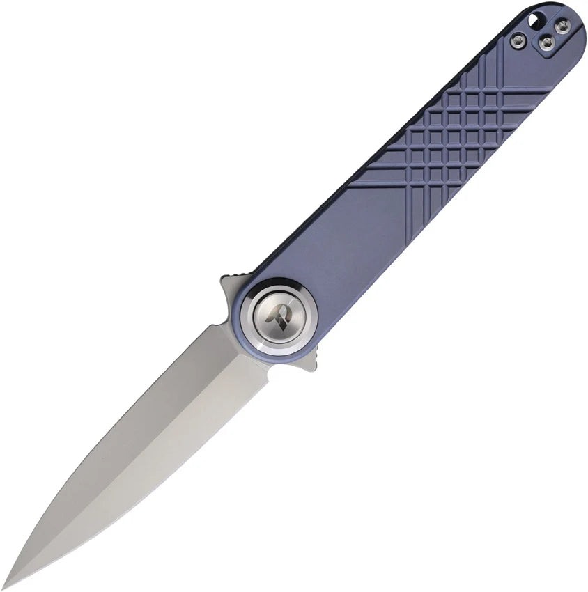 DreamTech Button Lock Folding Knife 3.23" 14C28N Dagger Blue Titanium D4052TBL
