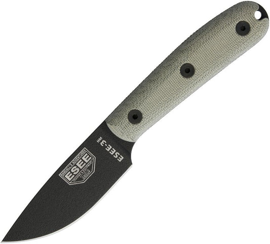 ESEE Model 3 Traditional Handle Fixed Blade Knife  Black Blade  Green Micarta