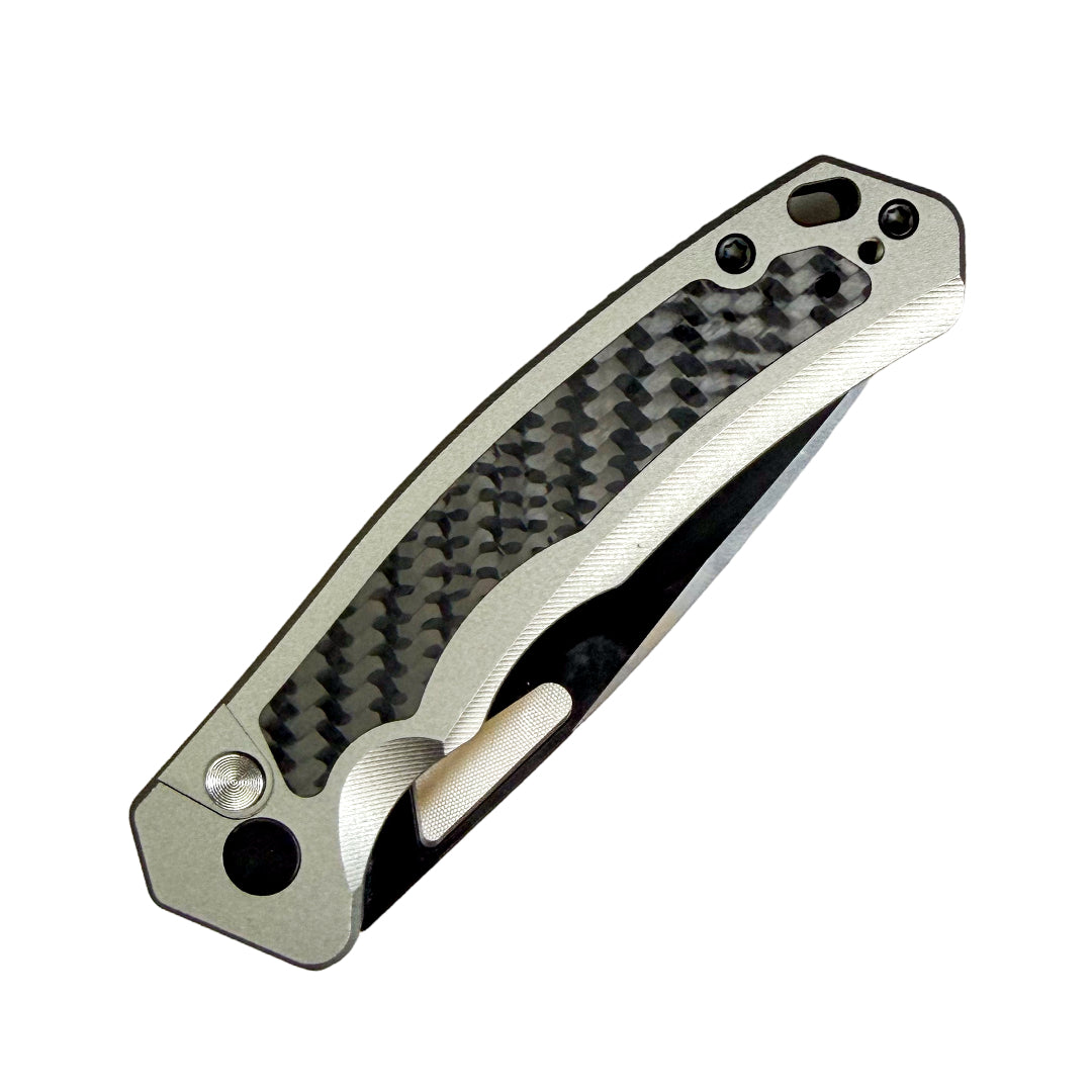 SixLeaf SL-102 Folding Knife – Black Carbon Fiber Aluminum 14C28N Button Lock EDC Knife SL-102-14C-CF