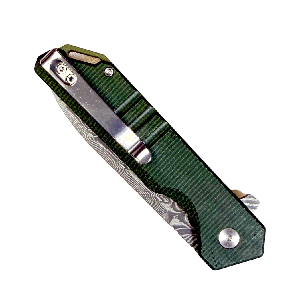 SIXLEAF SL-52 Folding Knife 3.15" Damascus Acid Etched Blade Green Micarta Handle EDC SL-52-Micarta