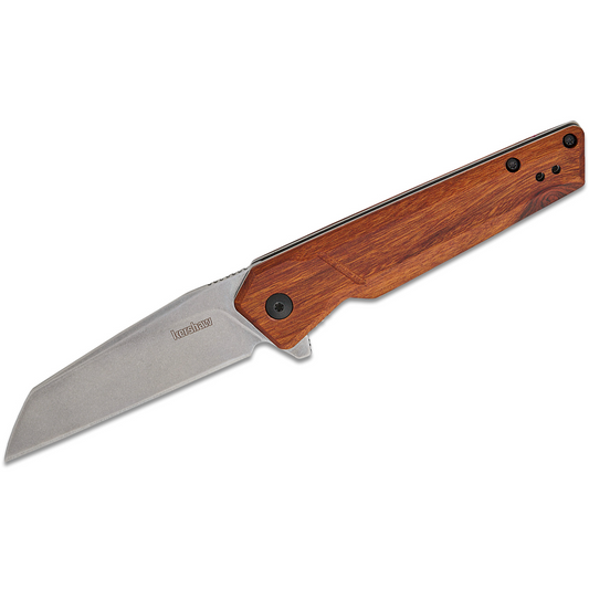 Kershaw 1432 Avert Liner Lock Assisted Flipper Knife 3.25" Stonewashed Reverse Tanto Blade, Stabilized Wood Handles
