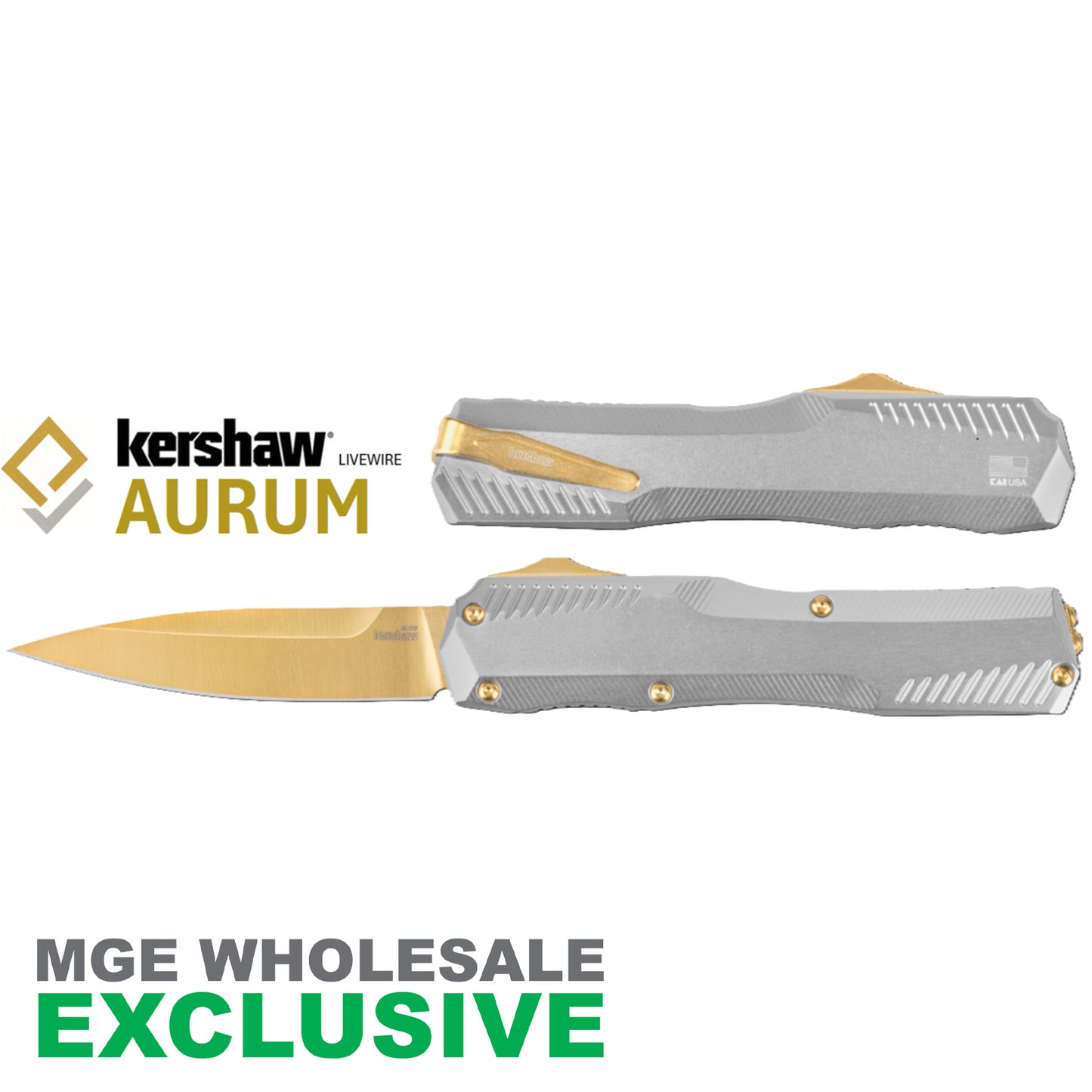 Kershaw Livewire Aurum OTF Automatic Knife Raw Aluminum w/ Gold Blade 9000RAWGLD
