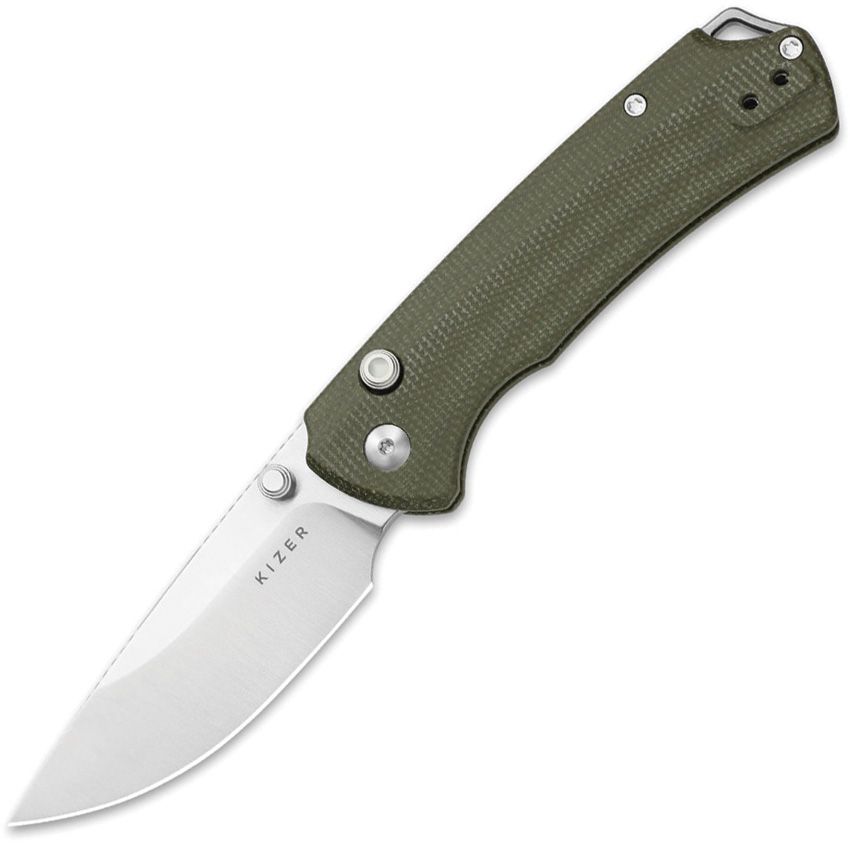 Kizer Cutlery T1 BD Button Lock Knife Olive Green Micarta Handle (3.2" Satin Nitro-V Blade) KIV34902BA1