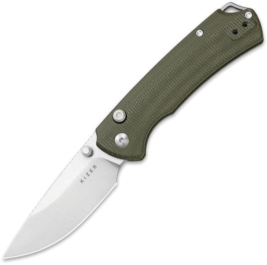 Kizer Cutlery T1 BD Button Lock Knife Olive Green Micarta Handle (3.2" Satin Nitro-V Blade) KIV34902BA1
