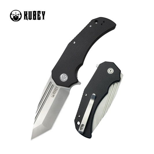 Kubey Bravo One Folding Knife Black G10 Handle AUS-10 Tanto Plain Edge KU318A