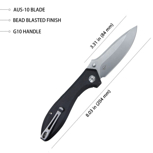 Kubey Ruckus Liner Lock Folding Knife Black G10 Handle 3.31" Bead Blasted AUS-10 KU314F