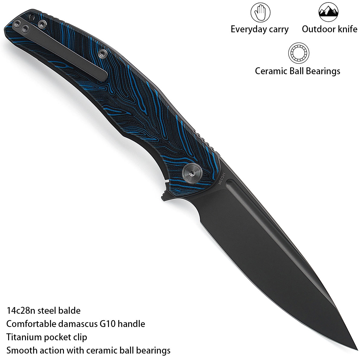 M Miguron Knives Velona Flipper Folding Knife 4.03" 14C28N Blade Blue Damascus G10 Handle