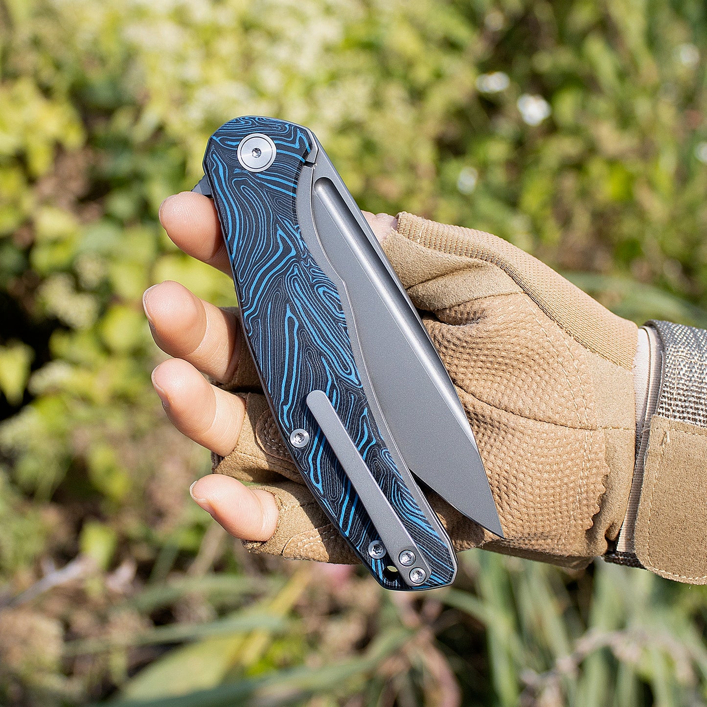 M Miguron Knives Velona Flipper Folding Knife 4.03" 14C28N Blade Blue Damascus G10 Handle