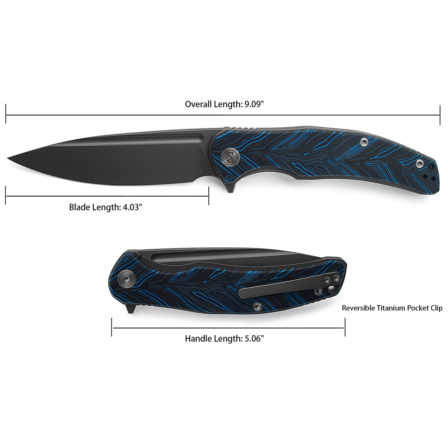 M Miguron Knives Velona Flipper Folding Knife 4.03" 14C28N Blade Blue Damascus G10 Handle