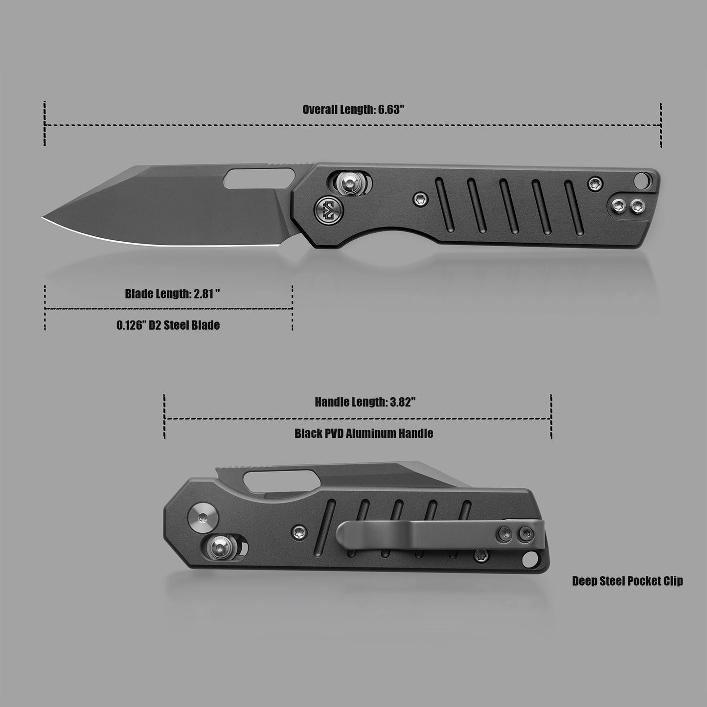 Miguron Knives Gatov D2 Dark Grey PVD Blade, Cross-Bar Lock, PVD Aluminum Handle